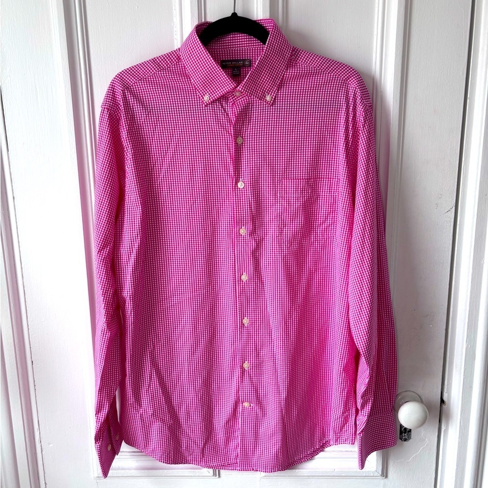 Peter Millar Summer Comfort Long Sleeve Button Down Pink/White Check Size Large